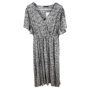 Bloomchic Womens Size 14 Green Floral V-Neck Midi Dress Short Flutter Sleeve NWT